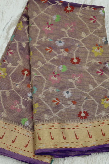 Iris Purple Pure Zari Tissue Kota Gold Jangla Weave With  Meenakari & Muniya Border