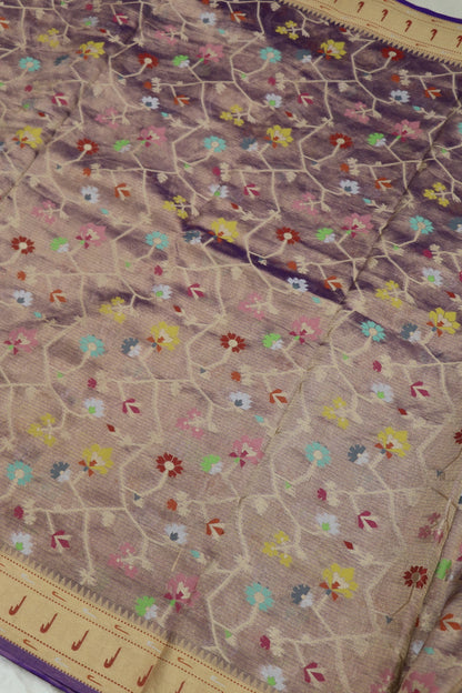 Iris Purple Pure Zari Tissue Kota Gold Jangla Weave With  Meenakari & Muniya Border