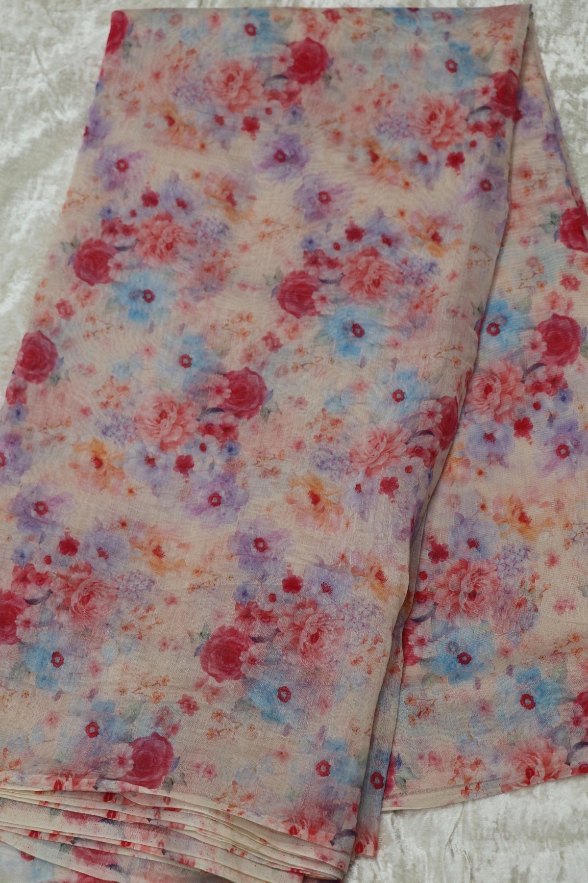 Red Rose Floral Printed Mul Chanderi Fabric