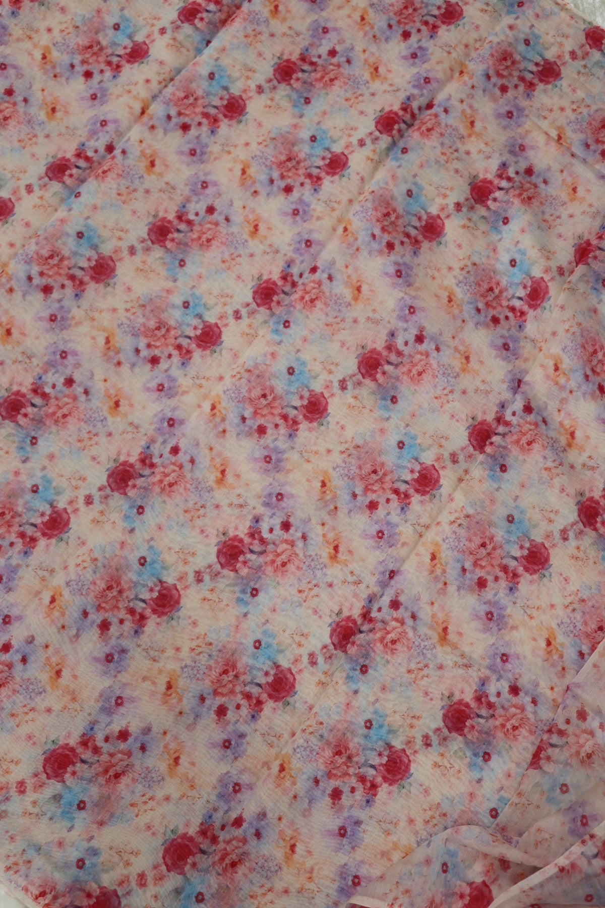 Red Rose Floral Printed Mul Chanderi Fabric