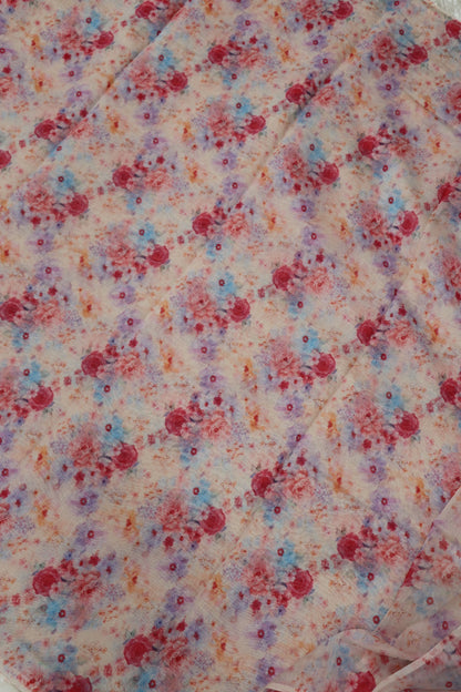 Red Rose Floral Printed Mul Chanderi Fabric