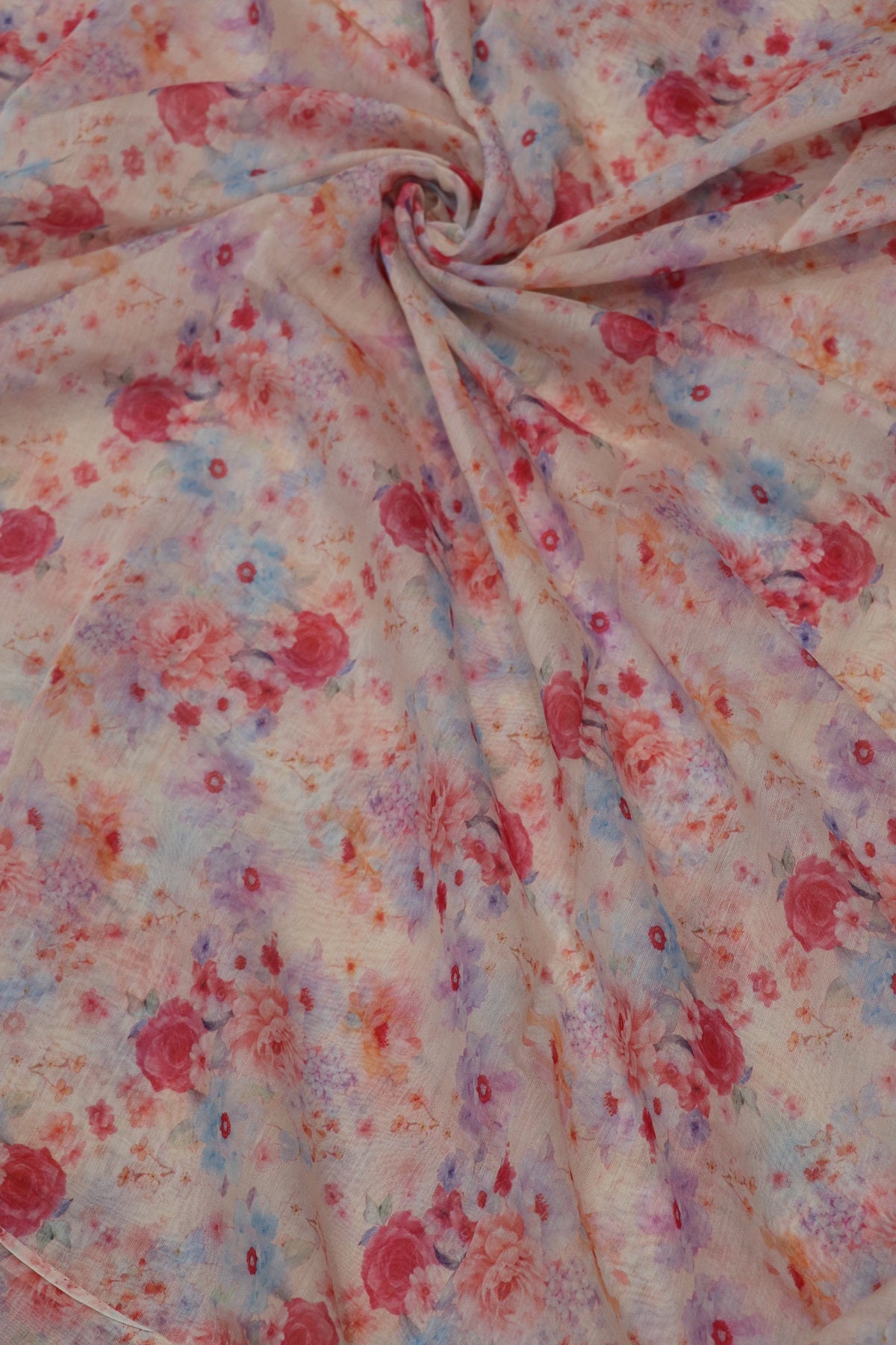 Red Rose Floral Printed Mul Chanderi Fabric