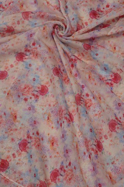 Red Rose Floral Printed Mul Chanderi Fabric