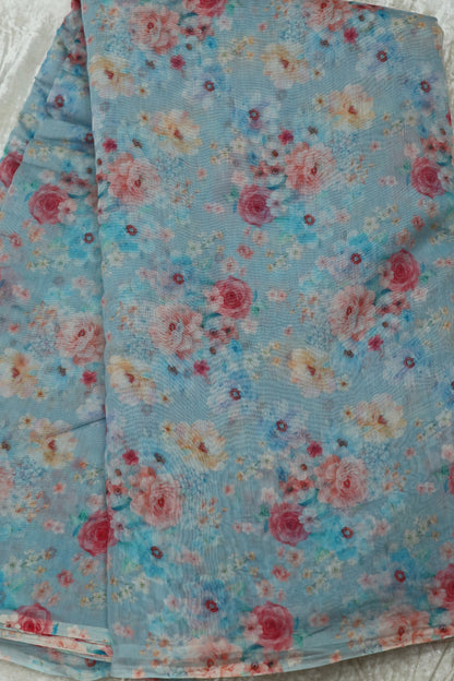 Red Rose Floral Printed Mul Chanderi Fabric