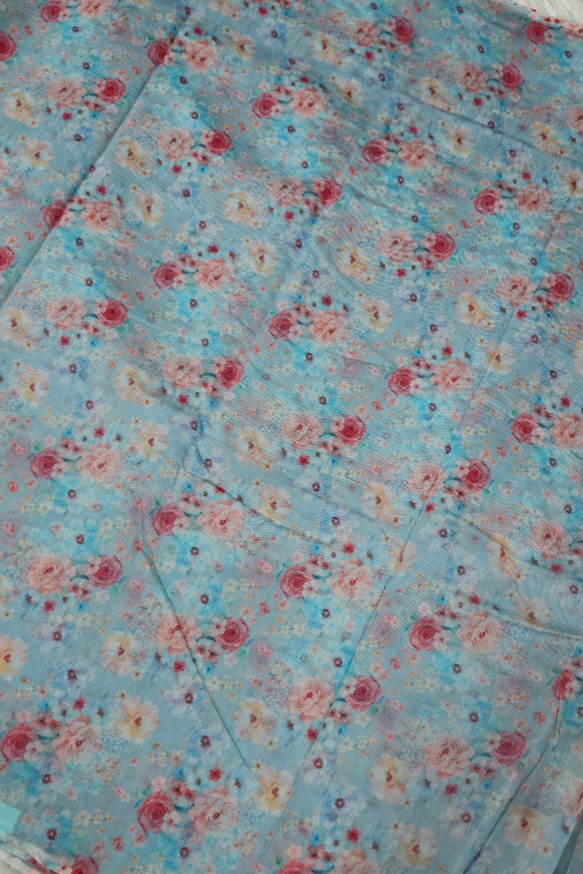 Red Rose Floral Printed Mul Chanderi Fabric