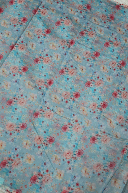 Red Rose Floral Printed Mul Chanderi Fabric
