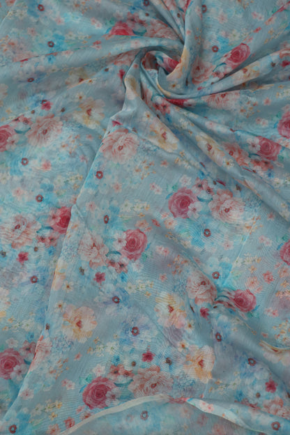 Red Rose Floral Printed Mul Chanderi Fabric