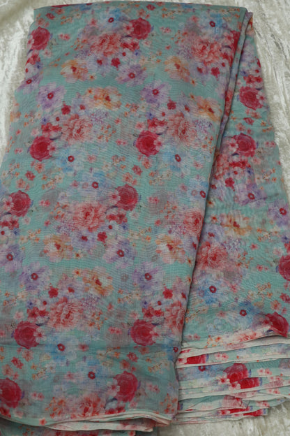 Red Rose Floral Printed Mul Chanderi Fabric