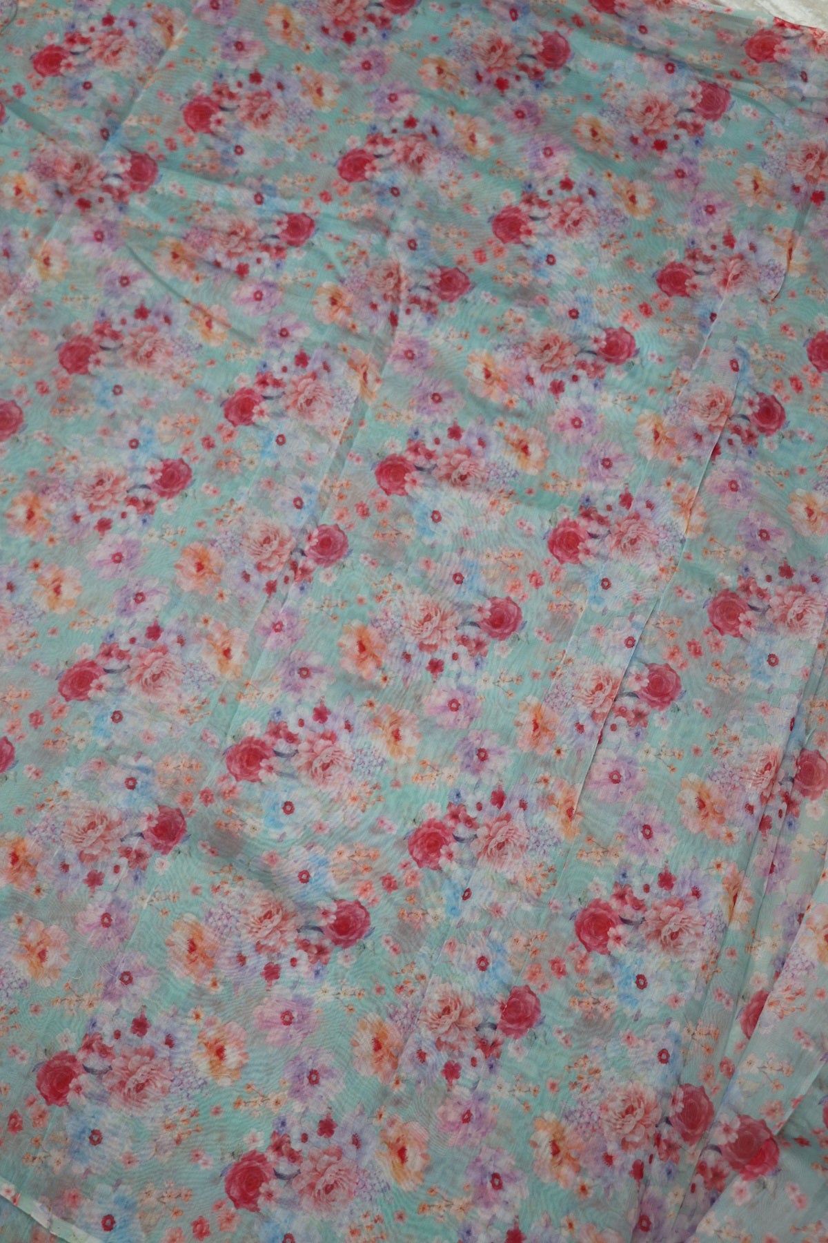 Red Rose Floral Printed Mul Chanderi Fabric