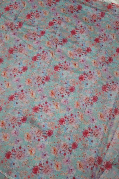 Red Rose Floral Printed Mul Chanderi Fabric