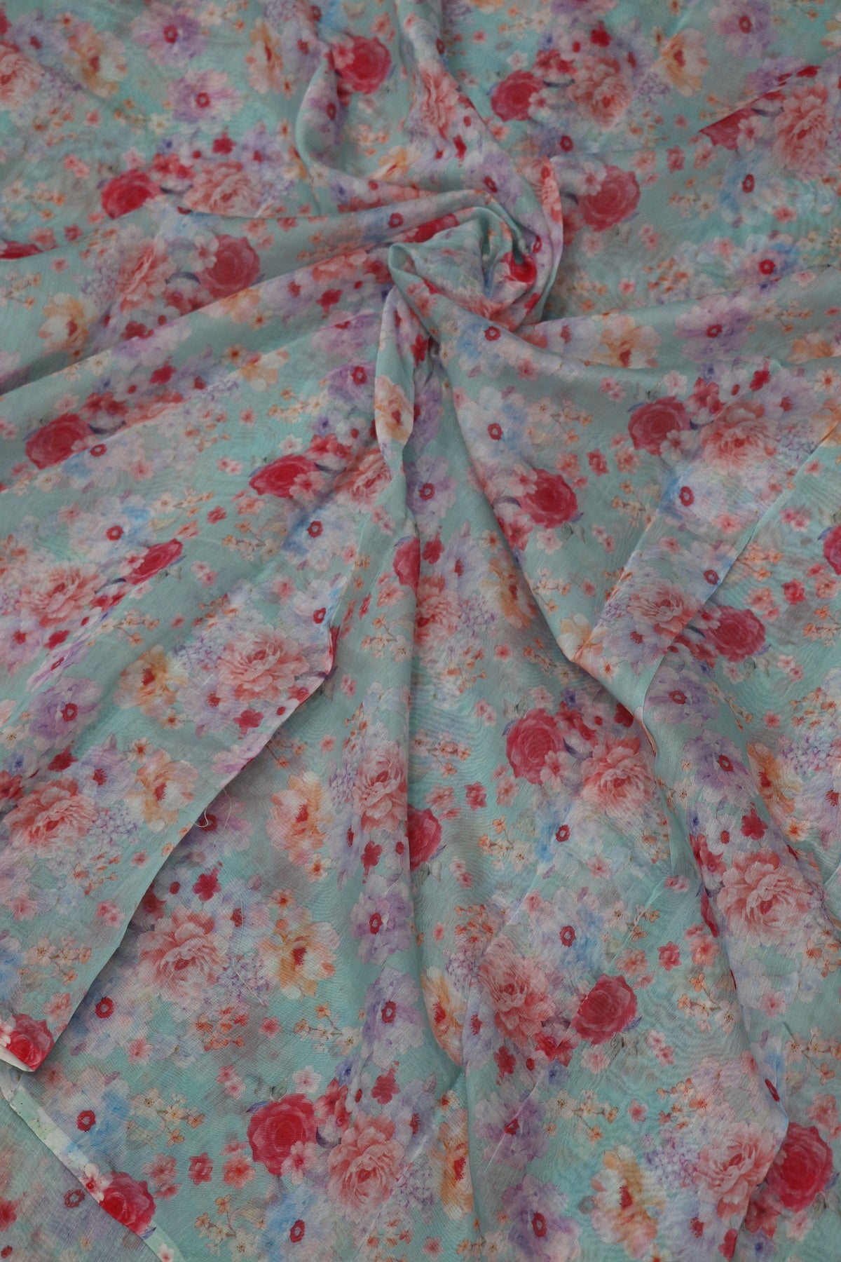 Red Rose Floral Printed Mul Chanderi Fabric