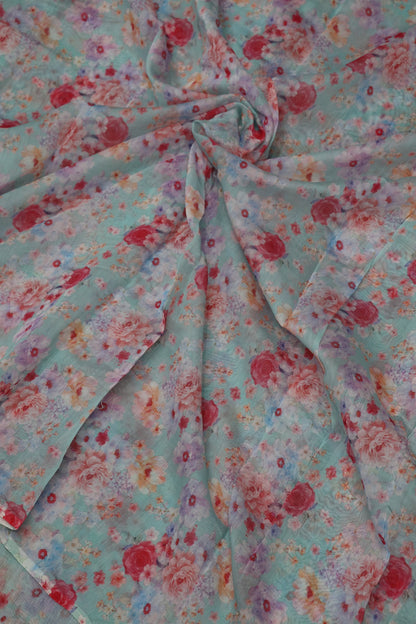 Red Rose Floral Printed Mul Chanderi Fabric