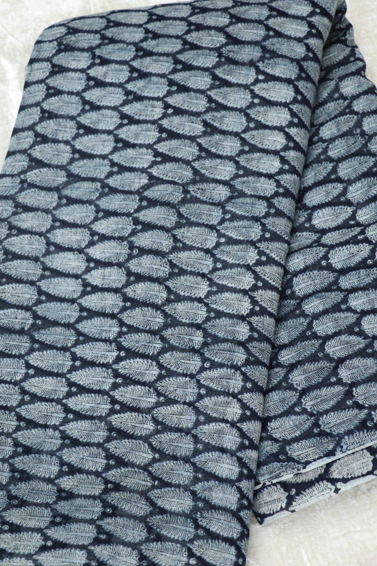 PIne Leaf  Printed Indigo Mul Chanderi Fabric