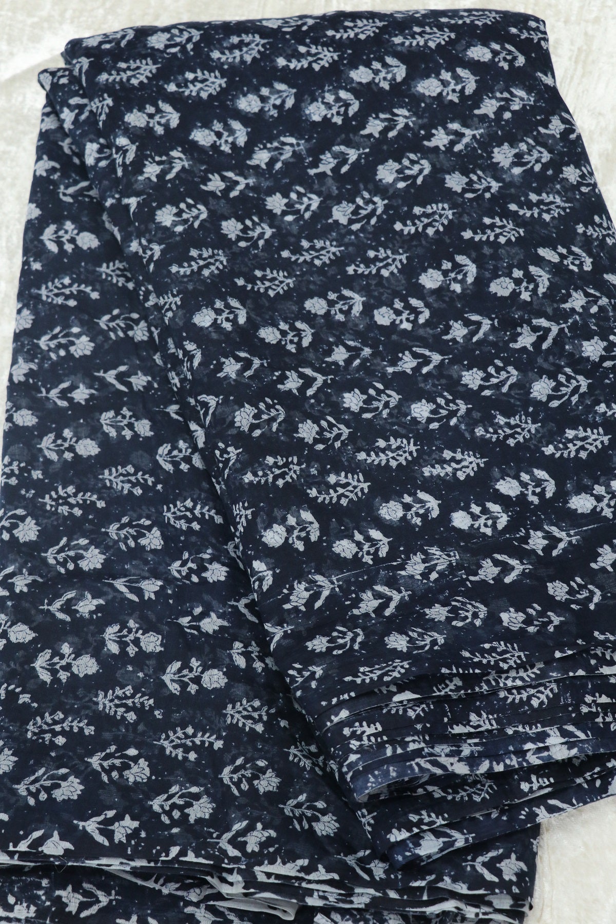 Chambray Floral Printed Indigo Mul Chanderi Fabric