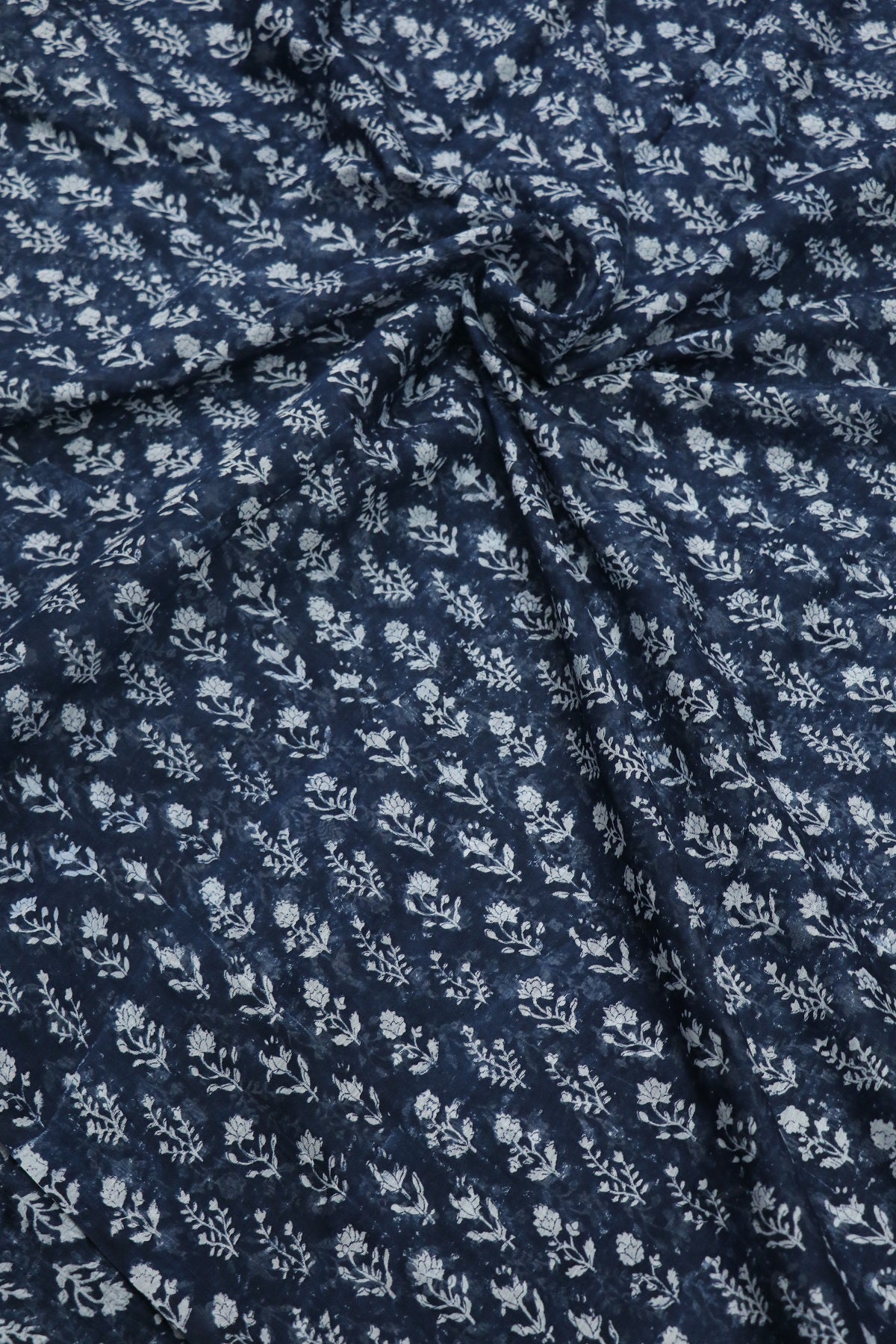 Chambray Floral Printed Indigo Mul Chanderi Fabric