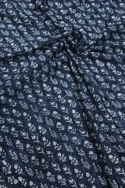 Chambray Floral Printed Indigo Mul Chanderi Fabric