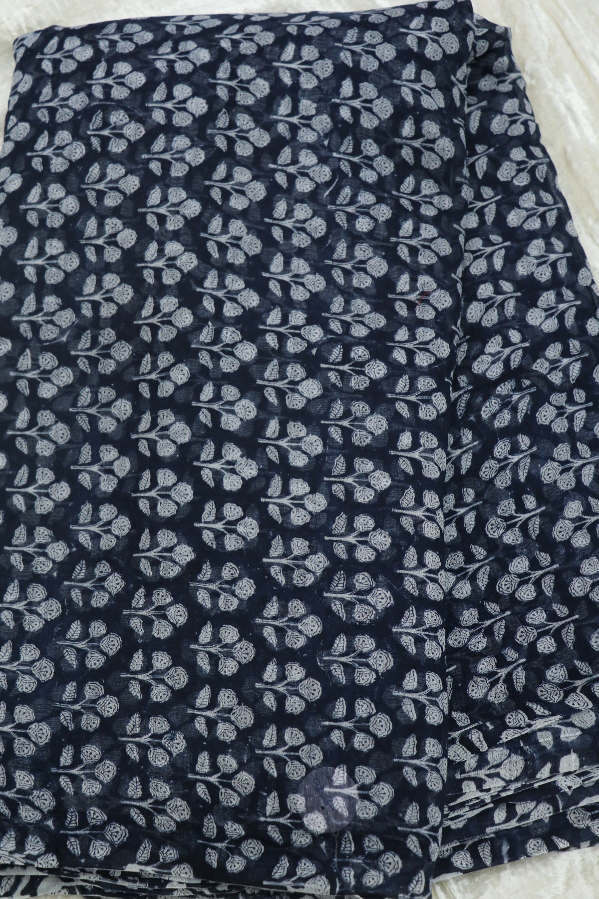 Mughal Motif Floral Printed Indigo Mul Chanderi Fabric