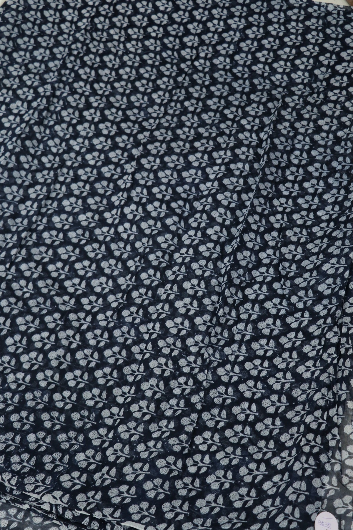 Mughal Motif Floral Printed Indigo Mul Chanderi Fabric