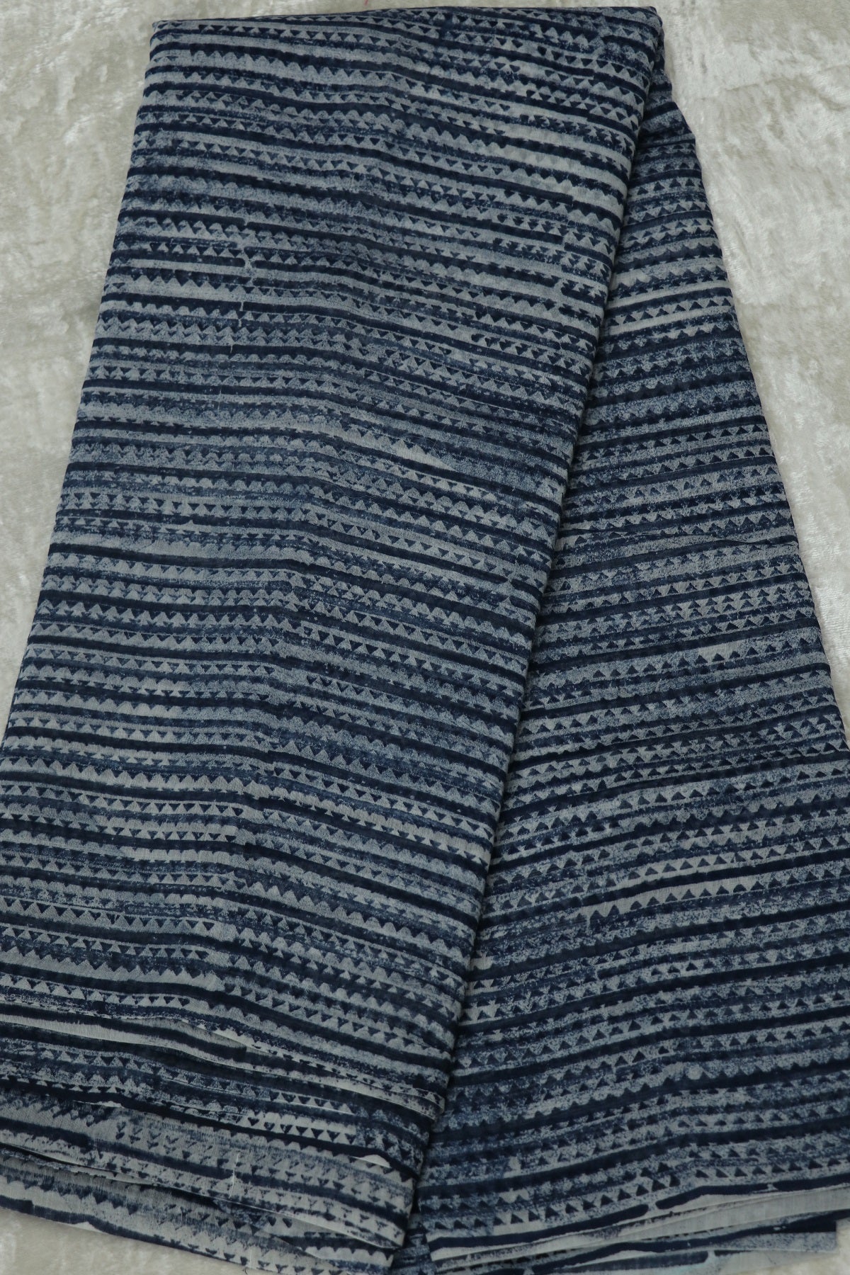 Horizontal Geometric Stipes Printed Indigo Mul Chanderi Fabric