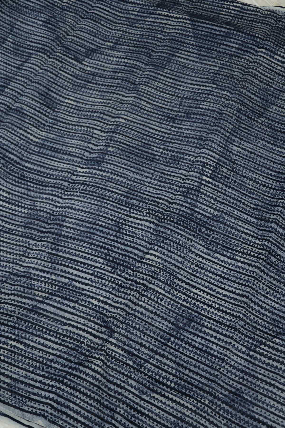 Horizontal Geometric Stipes Printed Indigo Mul Chanderi Fabric