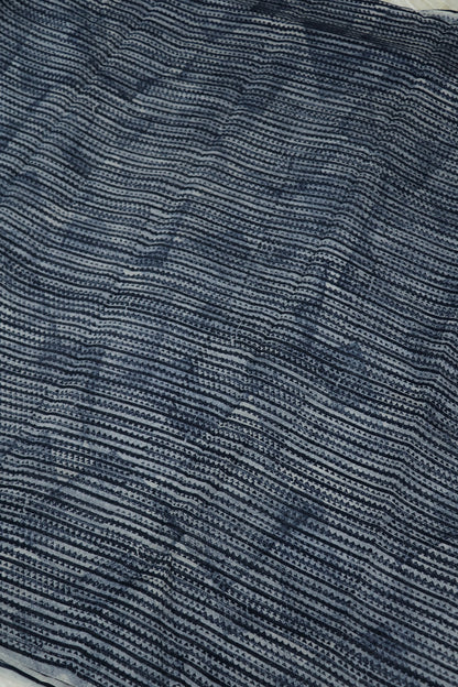 Horizontal Geometric Stipes Printed Indigo Mul Chanderi Fabric