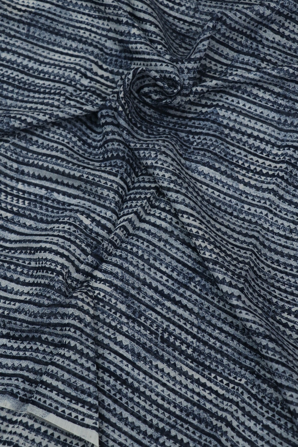 Horizontal Geometric Stipes Printed Indigo Mul Chanderi Fabric