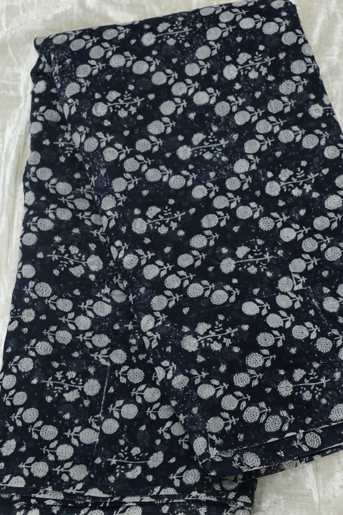 Medallion Floral Printed Indigo Mul Chanderi Fabric