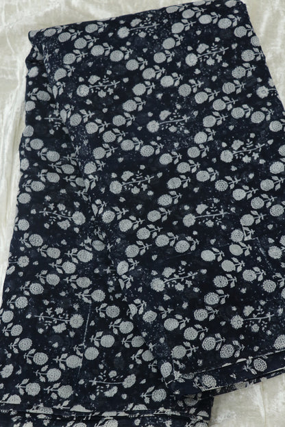 Medallion Floral Printed Indigo Mul Chanderi Fabric