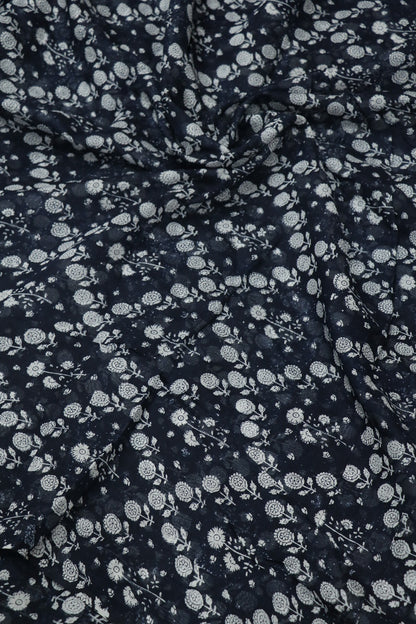 Medallion Floral Printed Indigo Mul Chanderi Fabric