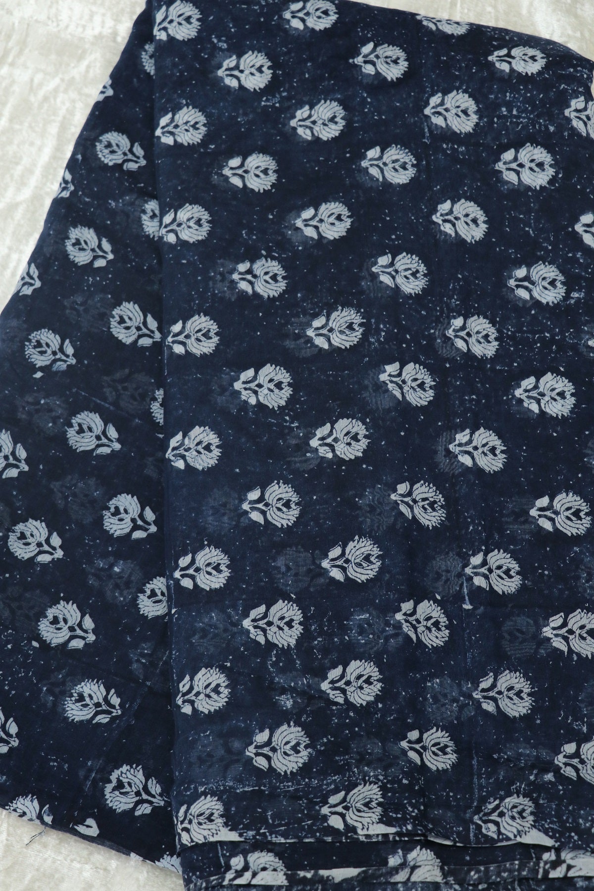 Palmette Motif Floral Printed Indigo Mul Chanderi Fabric