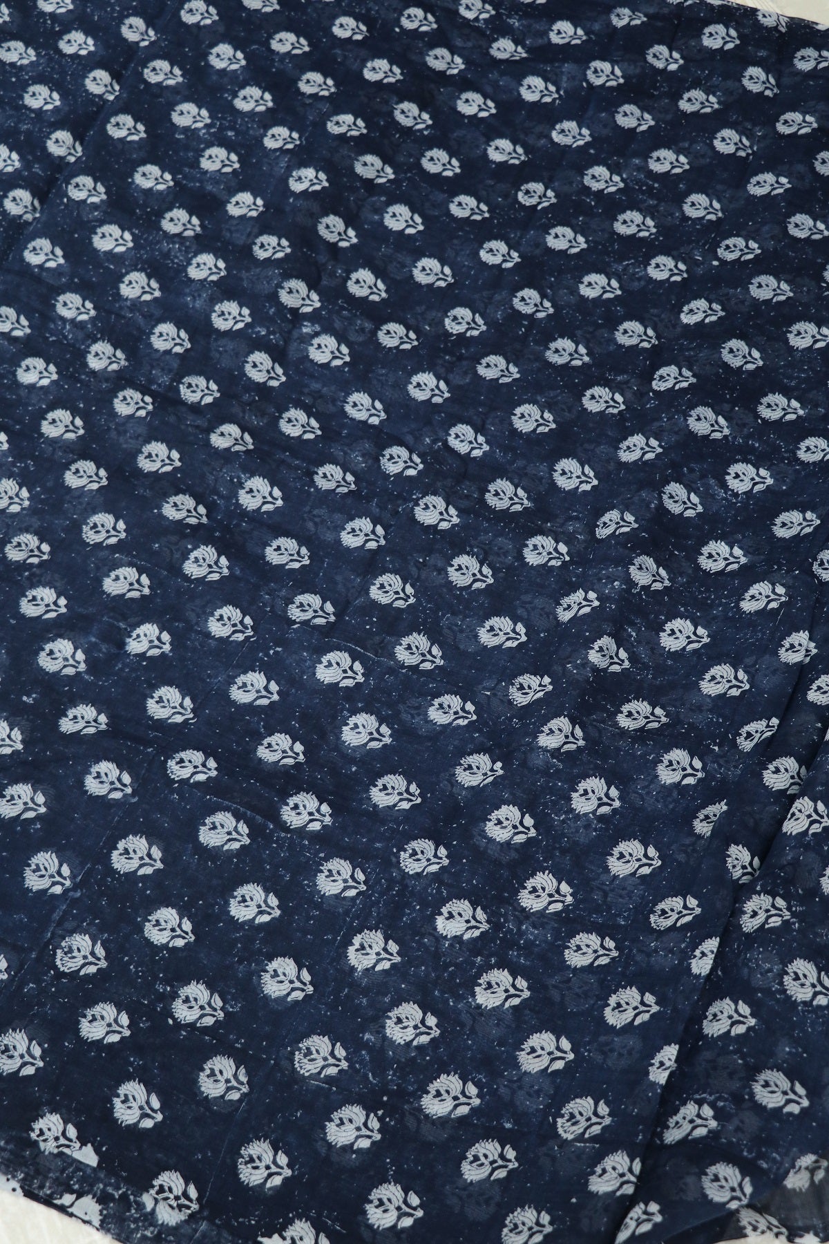Palmette Motif Floral Printed Indigo Mul Chanderi Fabric