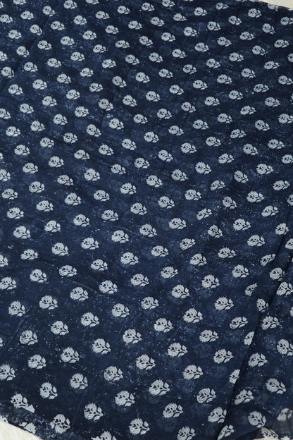 Palmette Motif Floral Printed Indigo Mul Chanderi Fabric