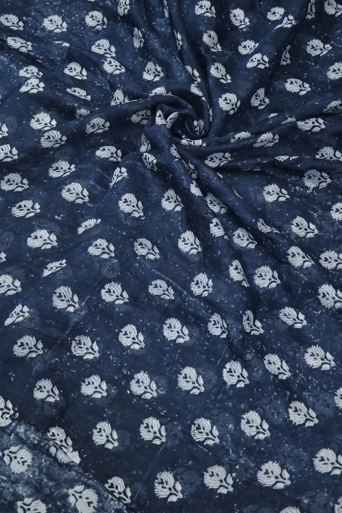 Palmette Motif Floral Printed Indigo Mul Chanderi Fabric