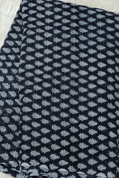 Stylized Lotus Floral Printed Indigo Mul Chanderi Fabric