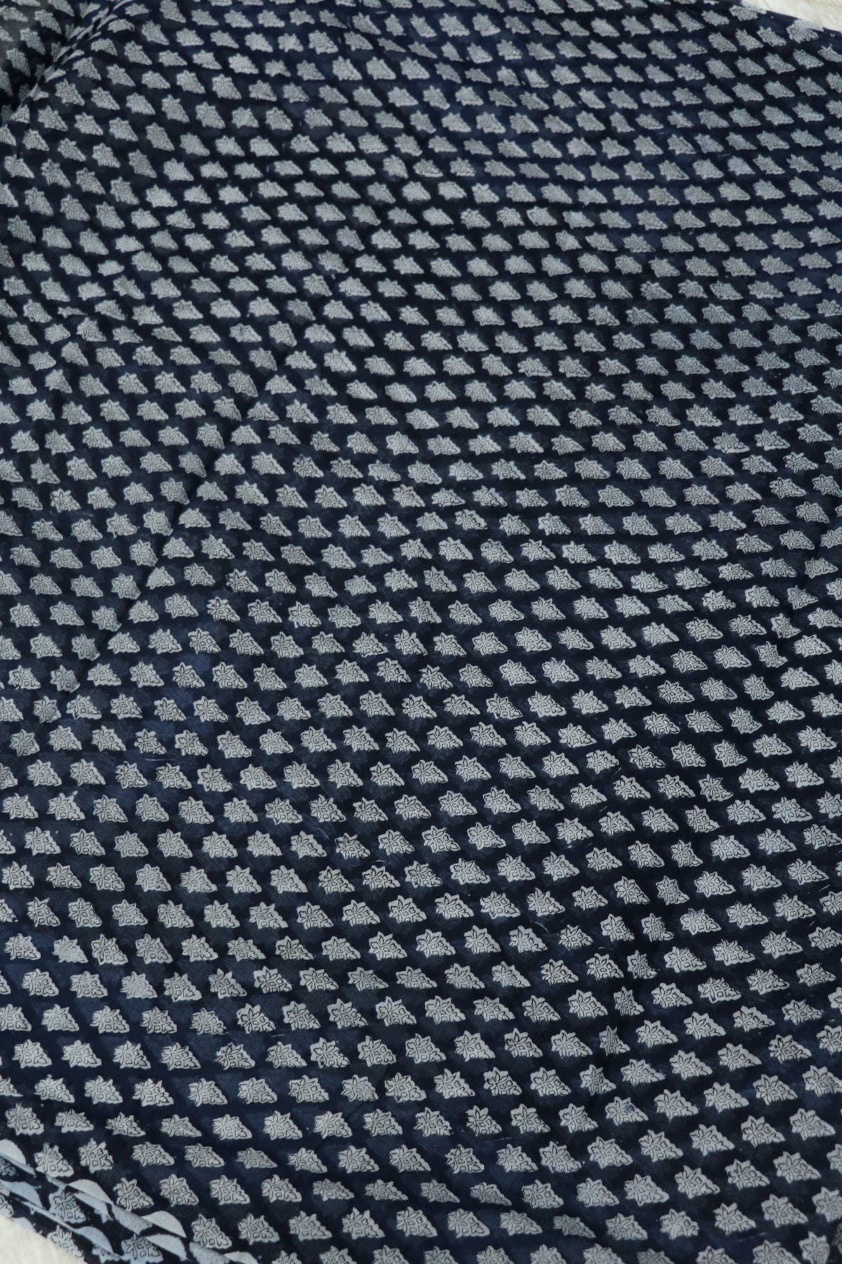 Stylized Lotus Floral Printed Indigo Mul Chanderi Fabric