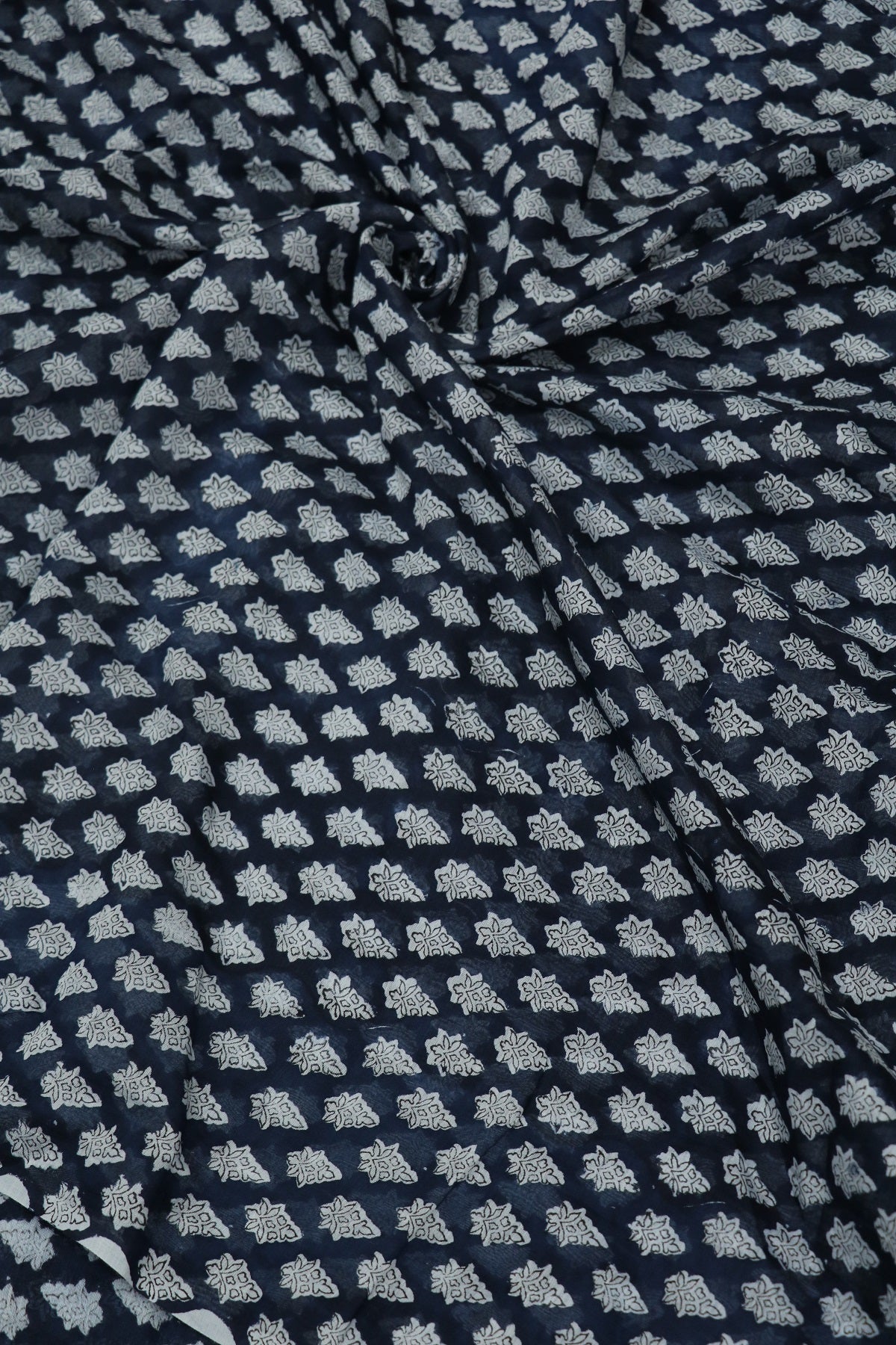 Stylized Lotus Floral Printed Indigo Mul Chanderi Fabric