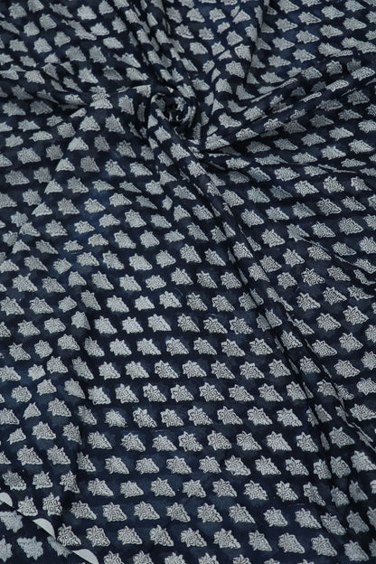 Stylized Lotus Floral Printed Indigo Mul Chanderi Fabric