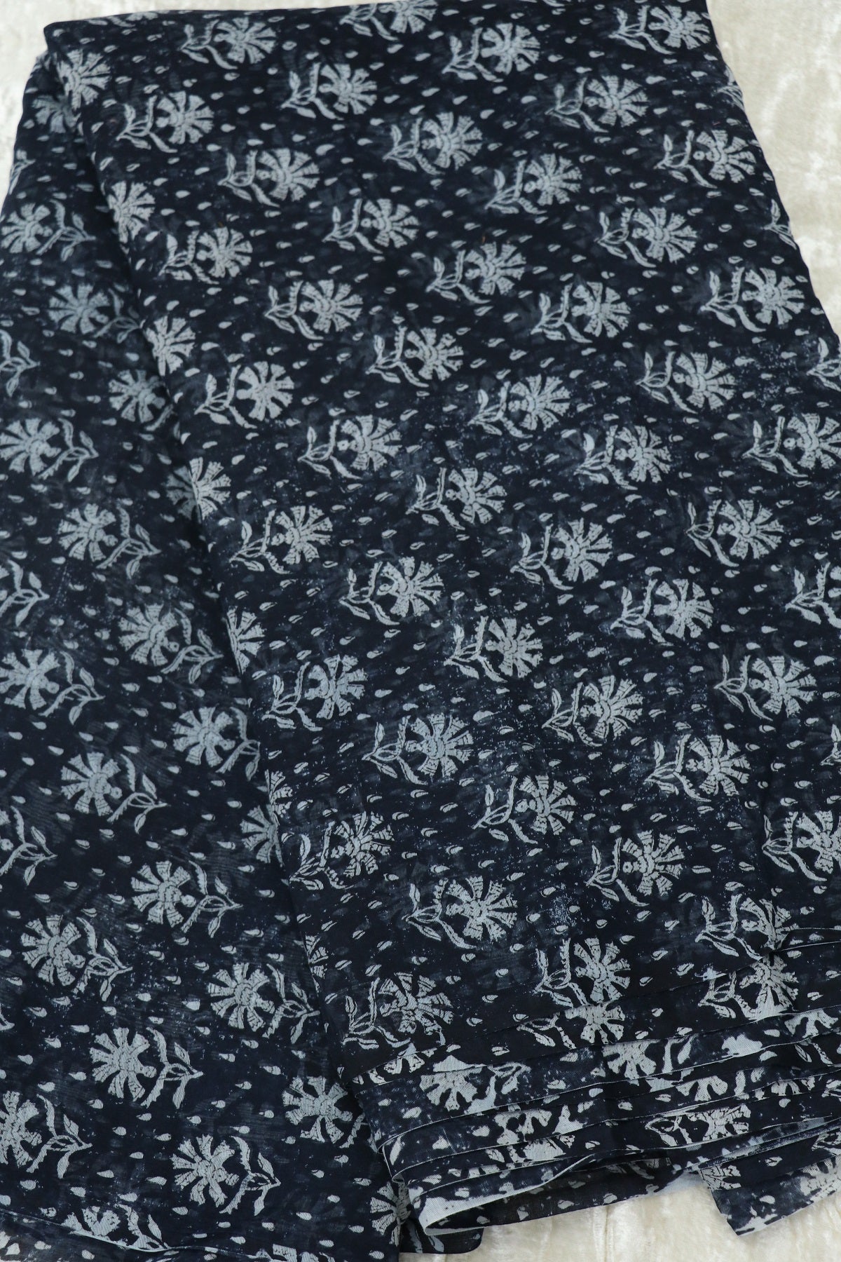 Tear Drop  Floral Printed Indigo Mul Chanderi Fabric