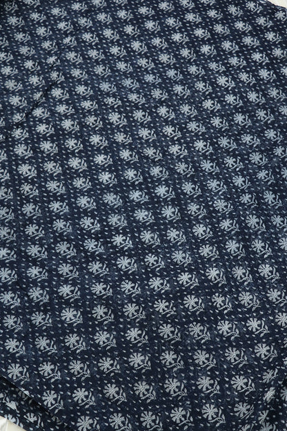 Tear Drop  Floral Printed Indigo Mul Chanderi Fabric