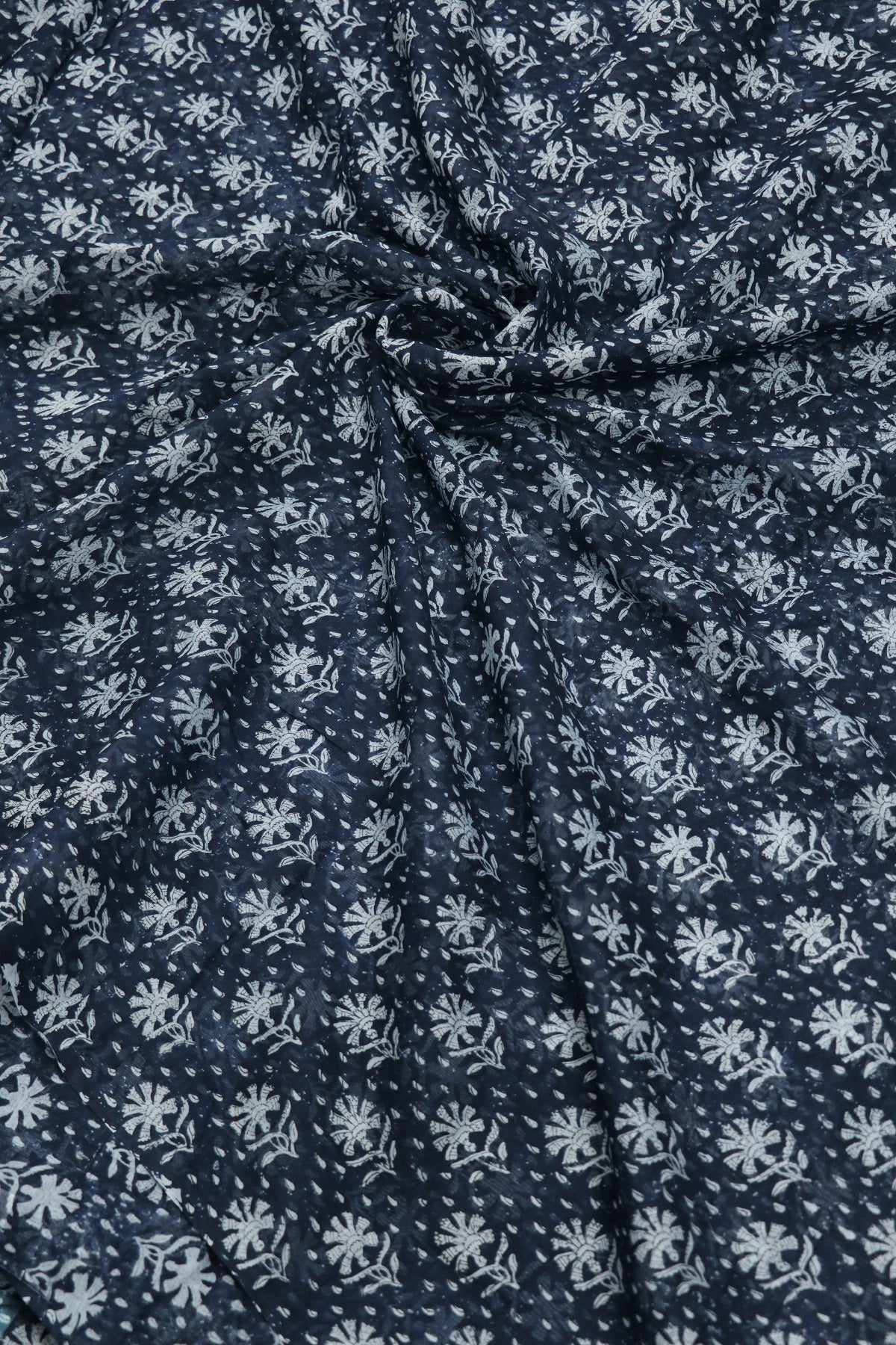 Tear Drop  Floral Printed Indigo Mul Chanderi Fabric