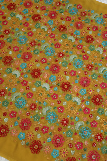 Turmeric Yellow Multi Thread Embroidered & Sequins Georgette Fabric