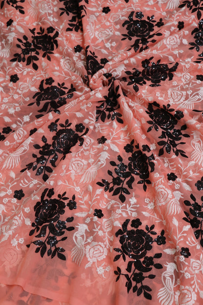 Soft Peach Pink Georgette Parsi Designs Worked With White Threads & Black Sequins