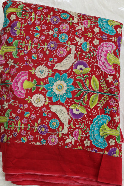 Floral & Birds Printed Dola Silk Fabric Highlighted With Zari Threads & Sequins