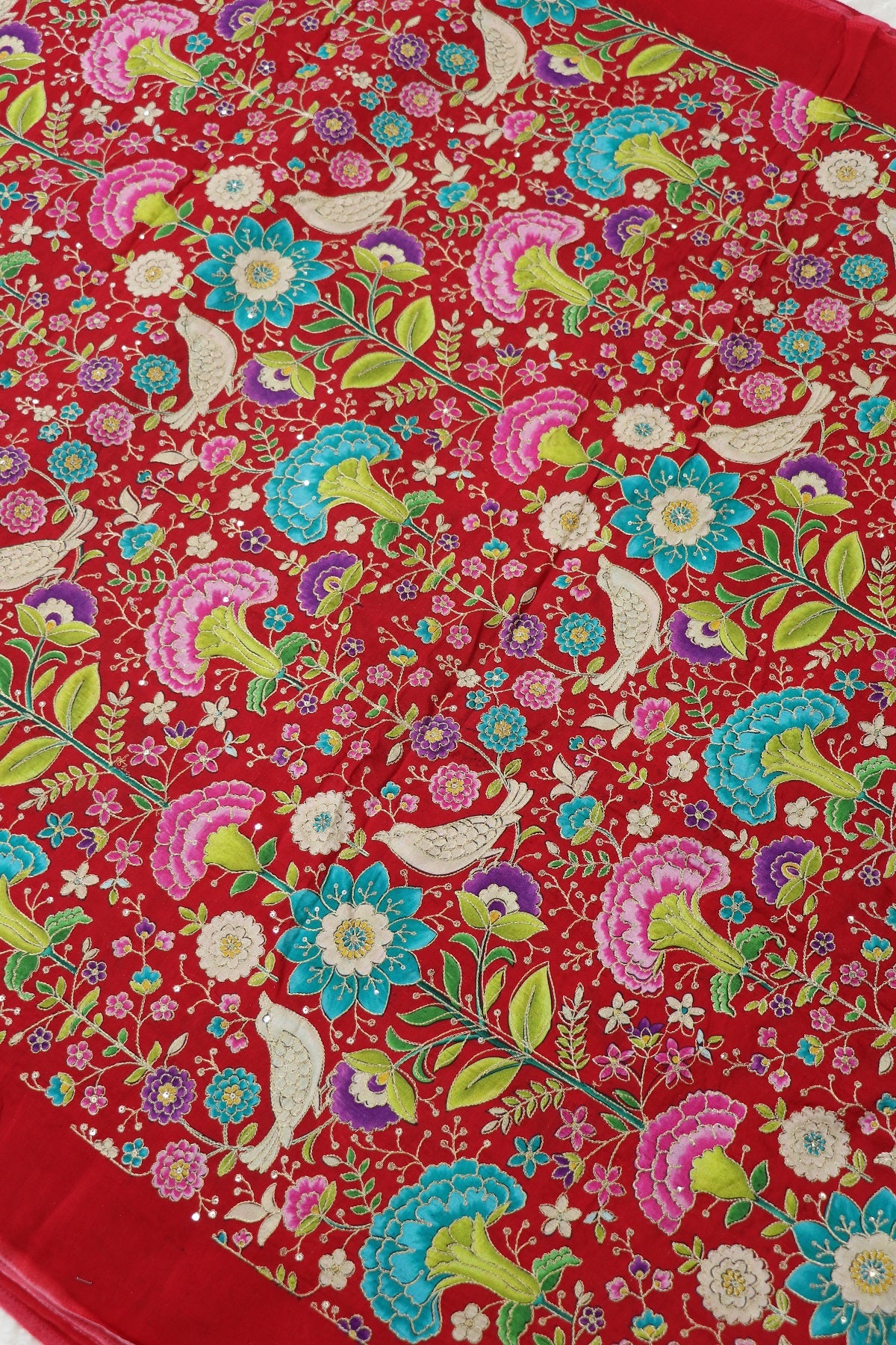 Floral & Birds Printed Dola Silk Fabric Highlighted With Zari Threads & Sequins