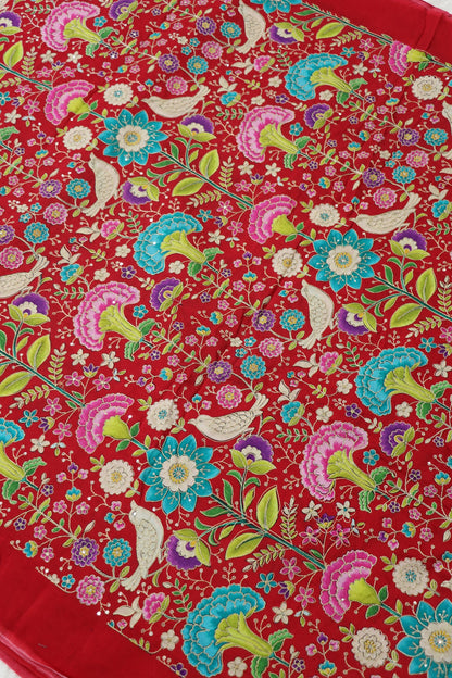 Floral & Birds Printed Dola Silk Fabric Highlighted With Zari Threads & Sequins