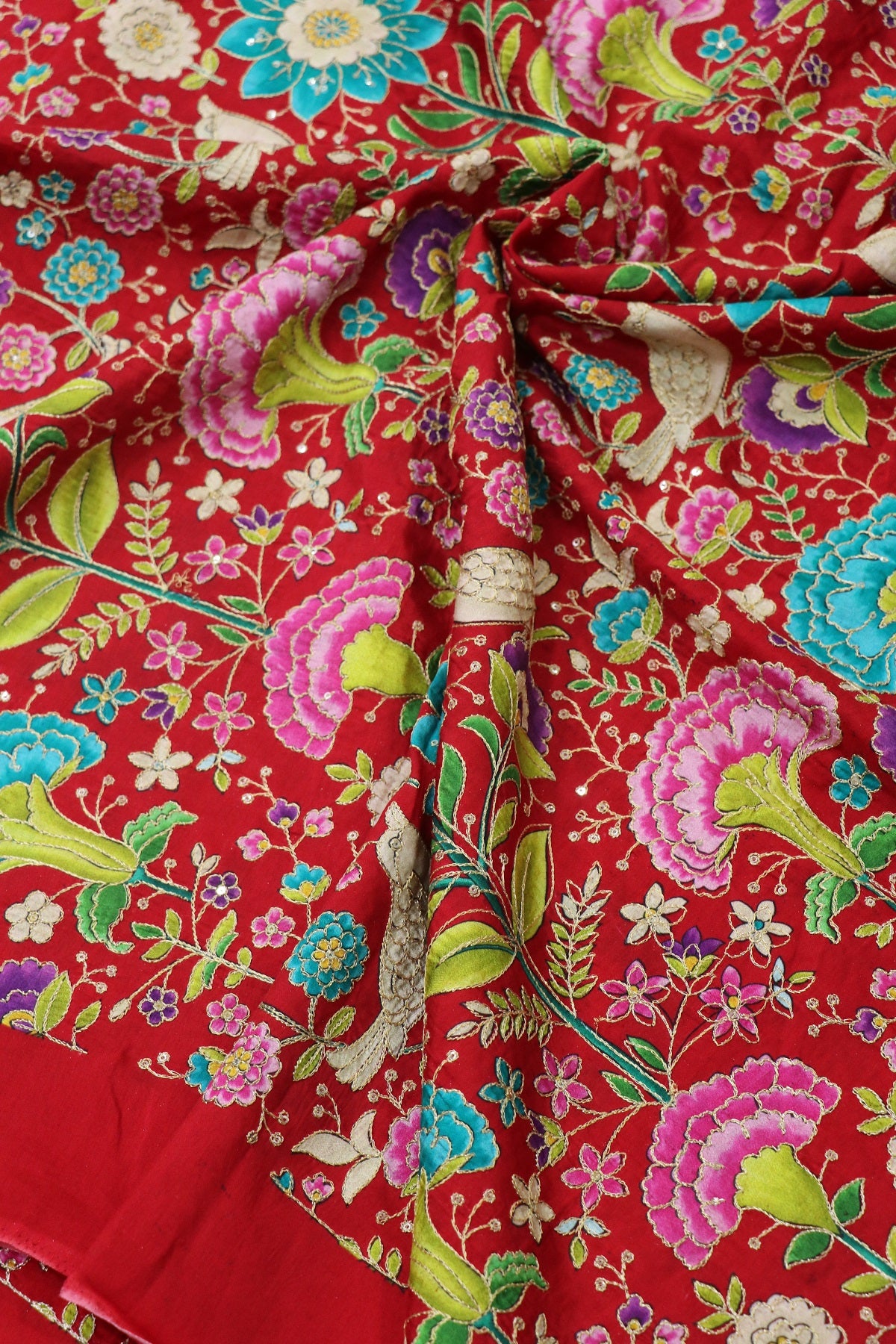 Floral & Birds Printed Dola Silk Fabric Highlighted With Zari Threads & Sequins