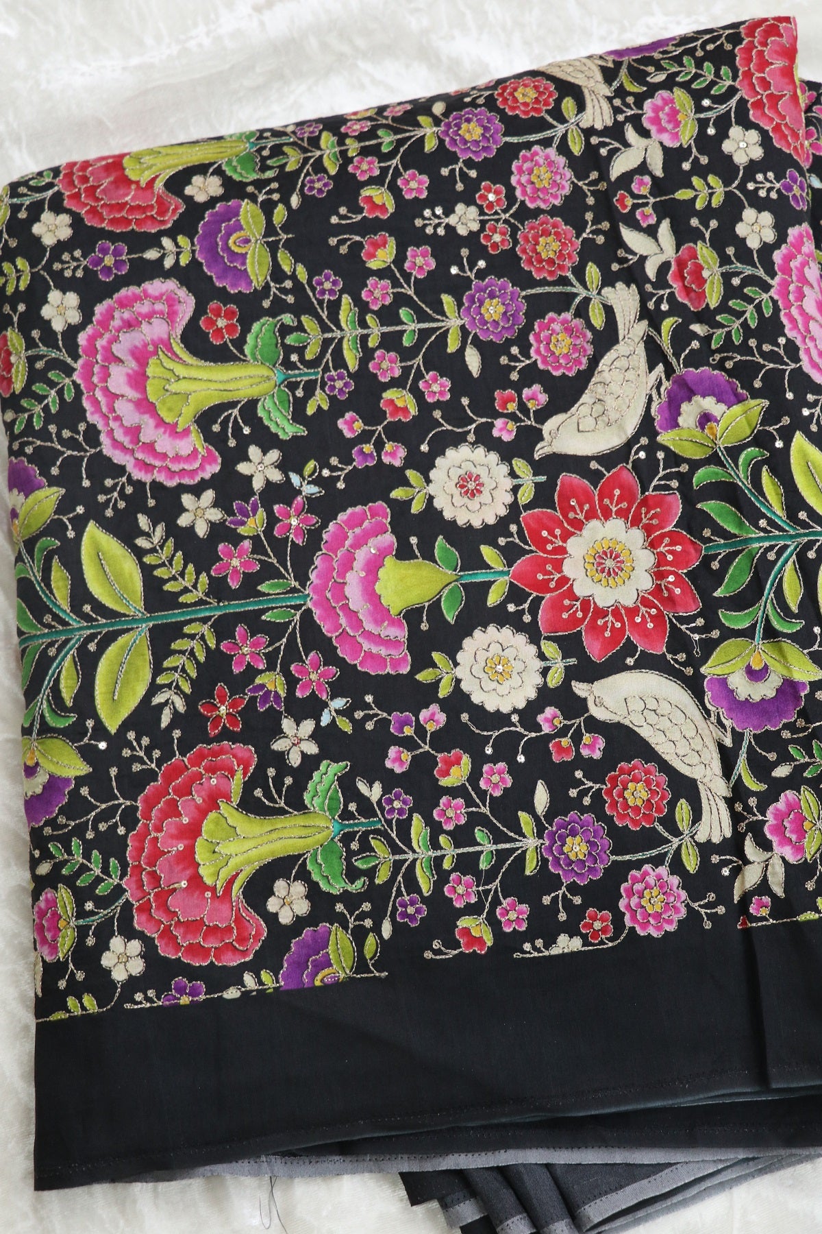Floral & Birds Printed Dola Silk Fabric Highlighted With Zari Threads & Sequins