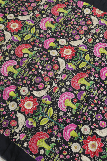Floral & Birds Printed Dola Silk Fabric Highlighted With Zari Threads & Sequins