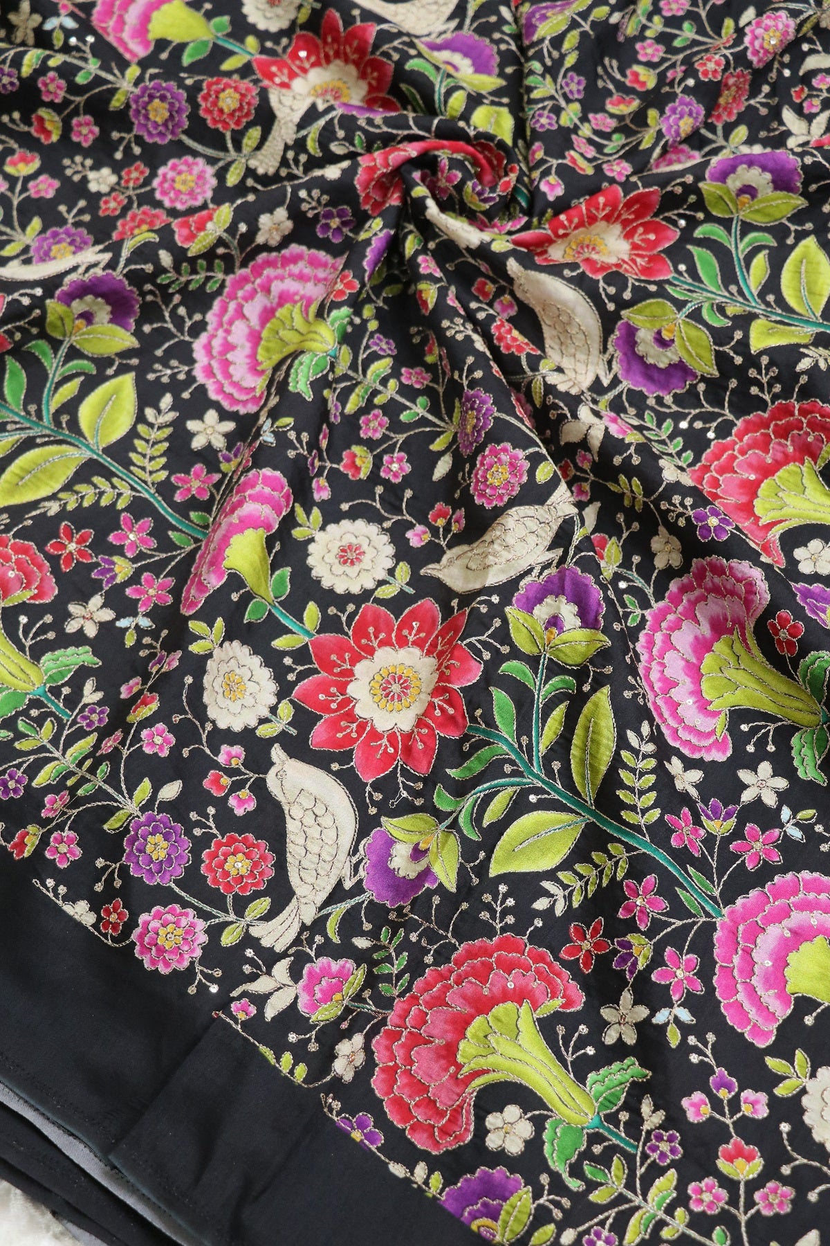 Floral & Birds Printed Dola Silk Fabric Highlighted With Zari Threads & Sequins