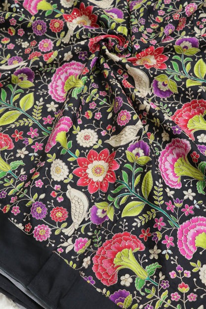 Floral & Birds Printed Dola Silk Fabric Highlighted With Zari Threads & Sequins